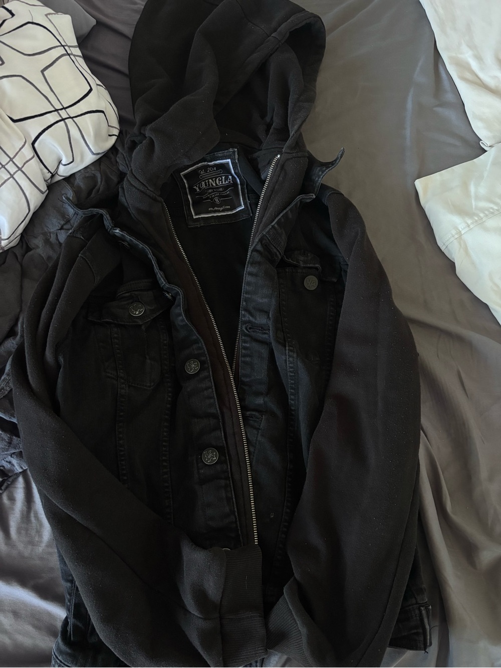 YoungLA Black Hooded Layered Jacket with Denim Vest Front